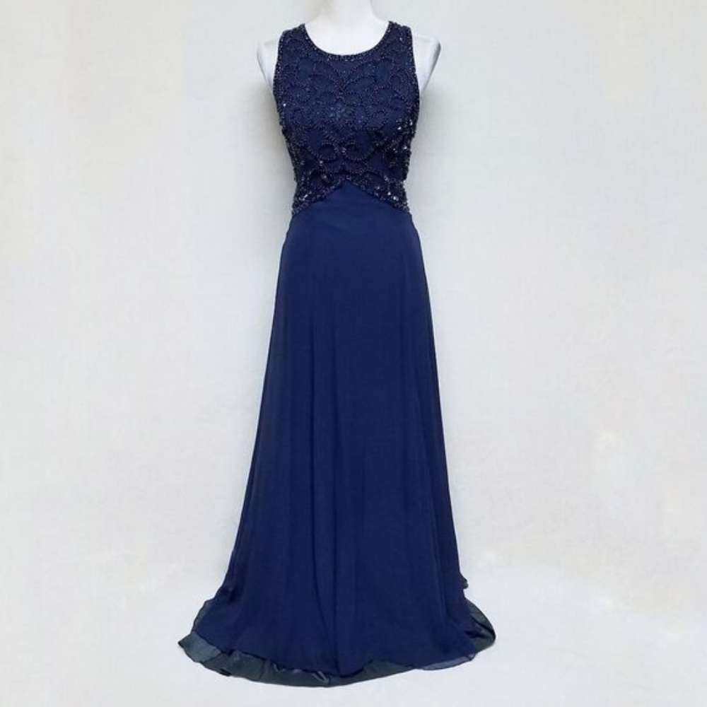 Rare Vintage 70s Blue Silk Chiffon Beaded Sequin High Neck Sleeveless Maxi Dress - Picture 3 of 14
